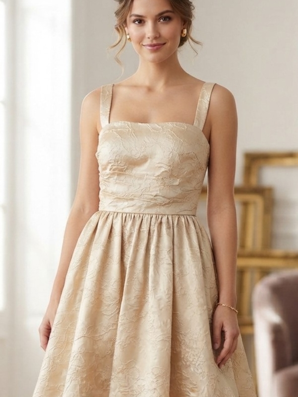 Elegant Jacquard Midi Dress with Square Neck